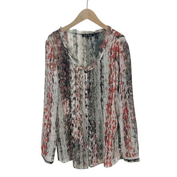Zozo Black, Cream and Red Print Semi Sheer Long Sleeve Blouse Size Large - Picture 1 of 6